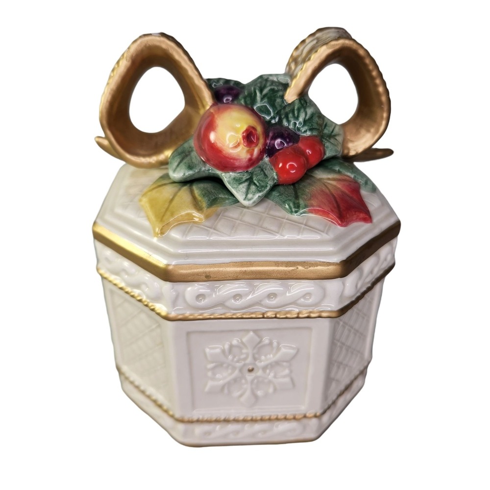 Fitz and Floyd Snowy Woods Trinket Box Candy‎ Jar Christmas Jewelry Lid Vtg READ